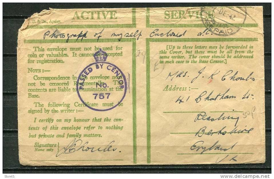 England 1942 Cover Censor-757 on Military WWII FPO Active Service ...