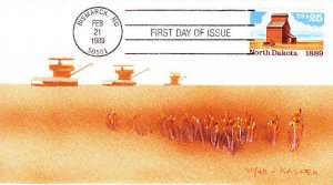 J Kasper Hand Painted 1st Day Cover #2403 North Dakota Statehood Centennial 1989