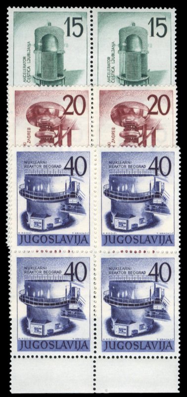 Yugoslavia #582-584 Cat$96, 1960 Nuclear Energy, set of three in blocks of fo...