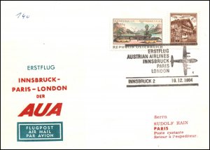 Austria Austrian Airlines Innsbruck to London 1964 1st Flight Cover