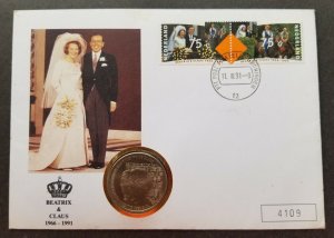 *FREE SHIP Netherlands Queen Prince Silver Wedding 1991 FDC (coin cover)