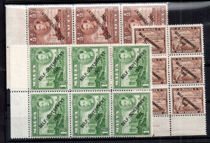 Malta KGVI 1948 1/4d, 1/2d & 1d MNH blocks Self Government WS14967