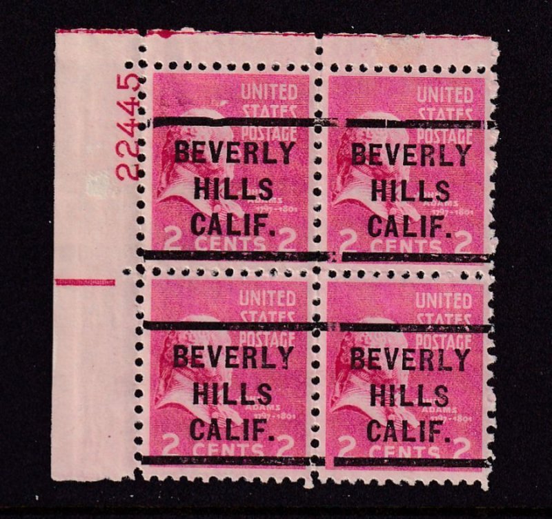 1938 Jefferson PREXY 2c Sc 831 MNH thin eye plate block precancel Beverly Hills