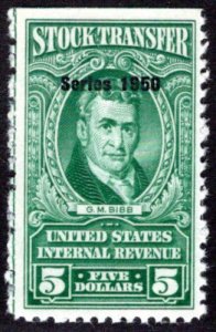 Scott RD327, $5, Series of 1950, MNG, Stock Transfer, USA Revenue Stamp