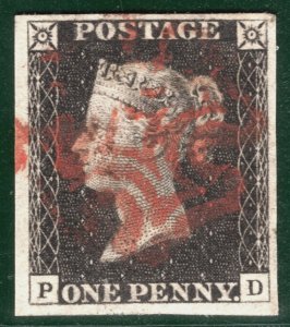 GB PENNY BLACK 1840 QV SG.2 1d Plate 2 (PD) VARIETY Used Red MX Cat £450 REDG41