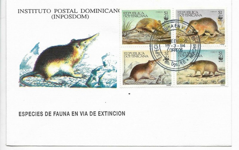 DOMINICAN REPUBLIC 1994 ENDANGERED FAUNA WWF 4 VALUES ON FIRST DAY COVER FDC 