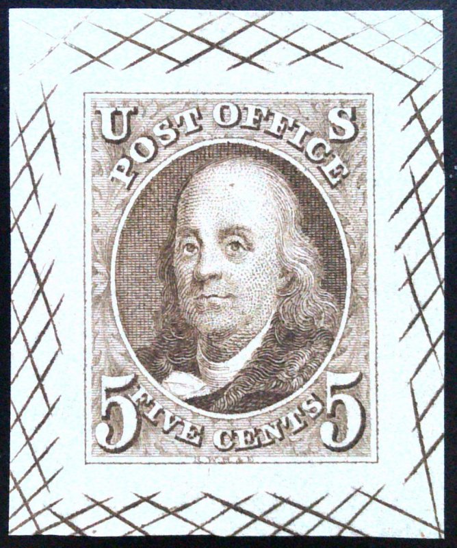 US Scott #1TC1bj - 5c Black Brown - Color Proof -  Hash Marks - 1847- Weiss Cert