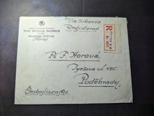 1922 Registered China Cover Mukden to Podebrady Czechoslovakia Skoda Works