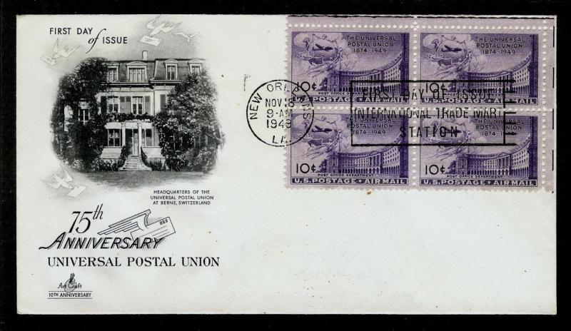 FIRST DAY COVER #C42 Blk/4 75th Anniversary U P U 10c ARTCRAFT U/A FDC 1949