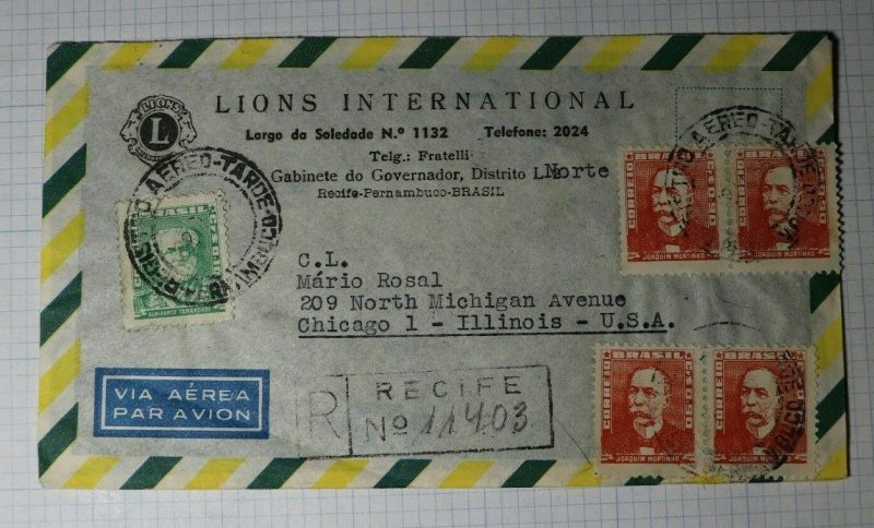 Brazil Registered Airmail Cover to USA Lions Itnl 1956 Recife Used Pair Sc# 788