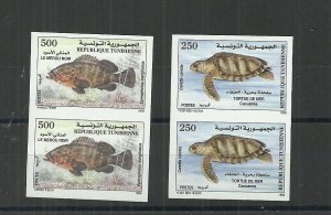 1999- Tunisia- Imperforated pair stamps- Sea turtles and groupers 