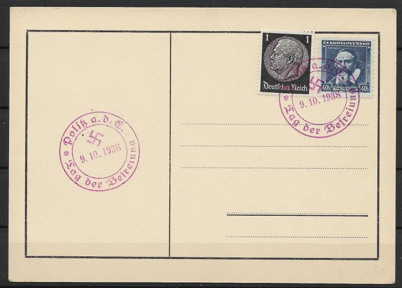 Sudetenland: 1938 Liberation Cancellation Politz on Card