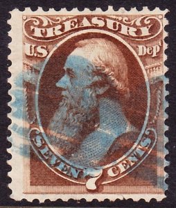 Scott O76, Used, 7c Treasury Official, Blue Cancel, Perf Faults, Light Wrinkles