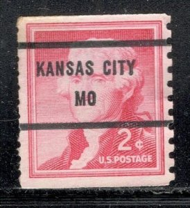 Sc # 1055 ~ 2 cent Thomas Jefferson Issue, Precancel, KANSAS CITY MO 