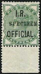 GB Officials 1882 IR ½d sgO2s pale green ovpt ‘Specimen’ type 9 unmounted mint