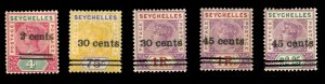 Seychelles #33-37 Cat$90, 1902 Surcharges, set of five, hinged