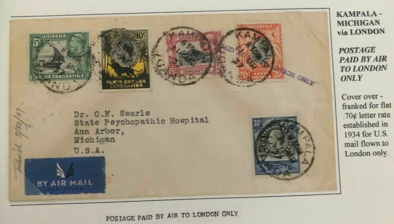 1937 Kampala Uganda Airmail Cover To Ann Arbor Mi USA Via London England