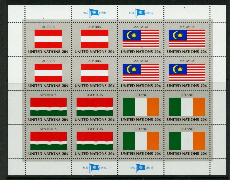 UNITED NATIONS SC# 374-7 FLAGS AUSTRIA MALAYSIA SEYCHELLES IRELAND SHEET SHOWN