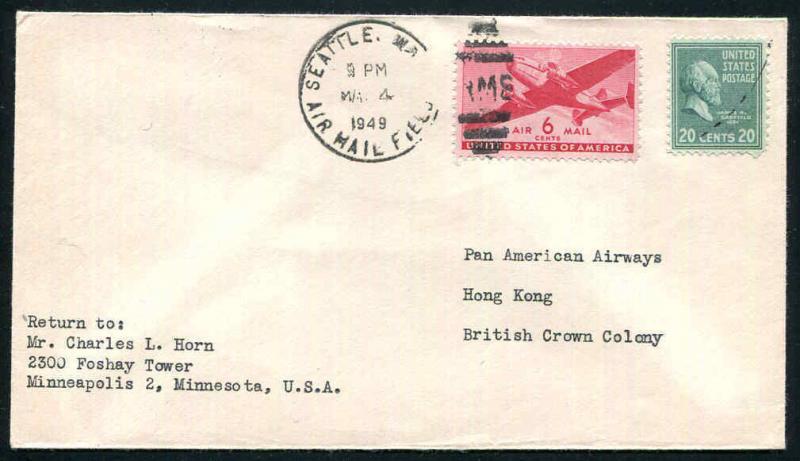 1949 Air Mail Cover Seattle to Hong Kong (China)-20¢ Prexie + 6¢ Air Transport