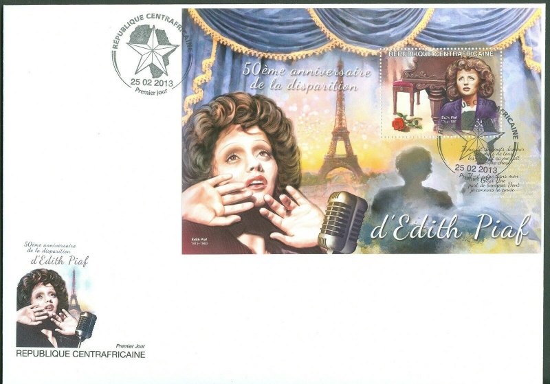 CENTRAL AFRICA 2013 50th MEMORIAL ANNIVERSARY EDITH PIAF S/SHEET FDC