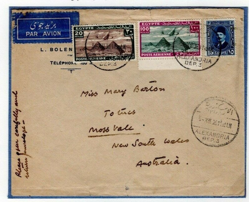 EGYPT Cover Air Mail Alexandria IMPERIAL AIRWAYS & QANTAS Australia 1934 EP404