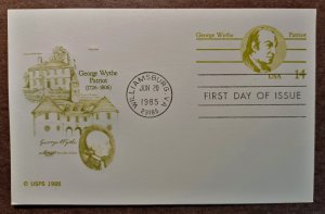 United States #UX108 14c George Wythe FDC (1985) Artmaster cachet