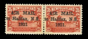 Newfoundland #C3b Cat$300, 1921 35c red, horizontal pair, right stamp with pe...