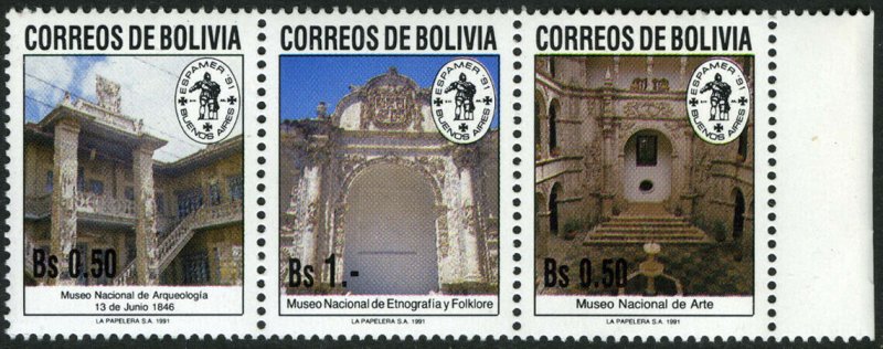 Bolivia 821-823a strip/3, MNH. National Museums. Ethnology, Art, 1991