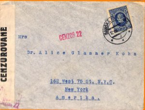 99876 - SLOVAKIA - POSTAL HISTORY - CENSORED COVER to USA 1941-