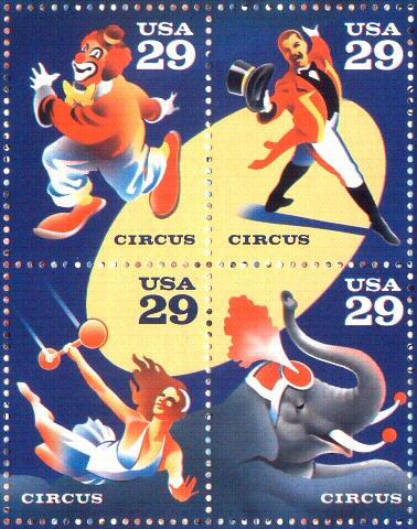 Circus, 1993 sheet of stamps Sc # 2750-53