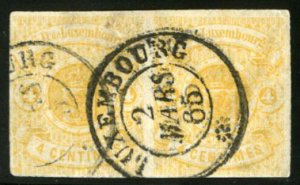 Luxembourg #6 Cat$650, 1864 4c yellow, horizontal pair, neatly cancelled, mar...