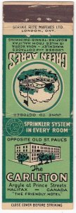 Canada Revenue 3/20¢ Excise Tax Matchbook THE CARLETON Halifax, N.S.