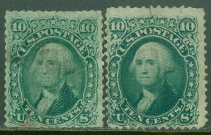 EDW1949SELL : USA 1868 Scott #96. 2 stamps. Used. Faults. Shades. Catalog $480.