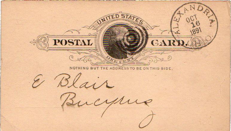 United States Ohio Alexandria 1891 serifed cds, target  Postal Card.