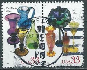 USA 1999 AmeriCan Glass: Free Blown +Art  2 x 33¢ USEDSSC 3325+3328 YV 2916+...