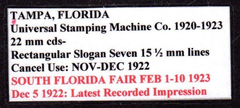 $Florida Machine Cancel Cover, Tampa, 12/5/1922, latest recorded impression
