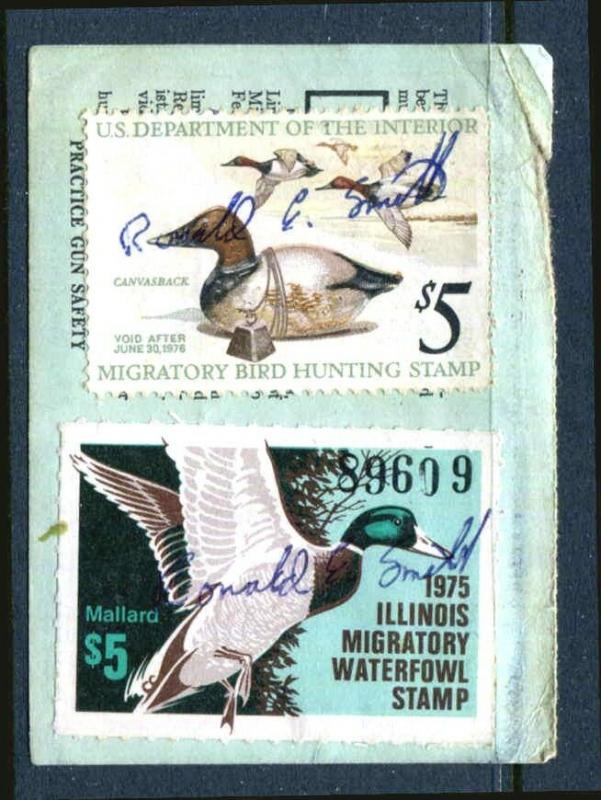 1975 ILLINOIS Sc IL - 1 #1 $5 MALLARD DUCK  + Federal RW42 Stamps On License