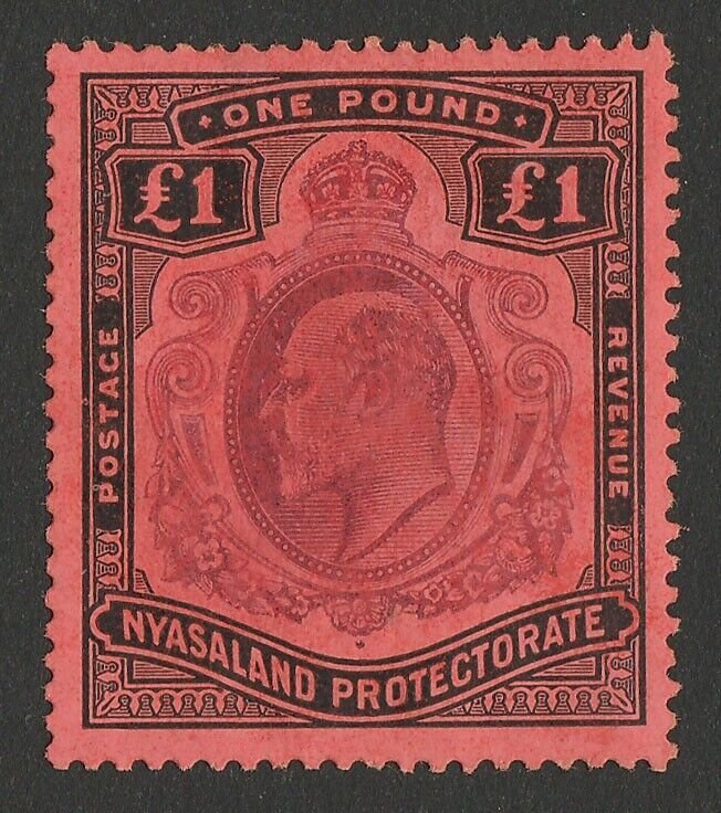 NYASALAND 1908 KEVII £1 purple & black on red. Rare.