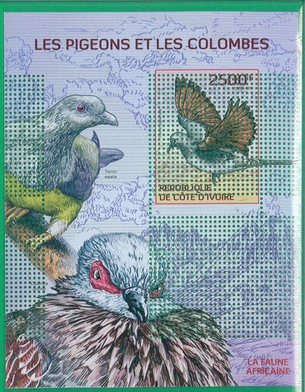 970  IVORY COAST Cote D'Ivoire - ERROR - MISPERF stamp sheet 2014 Pigeons  Doves