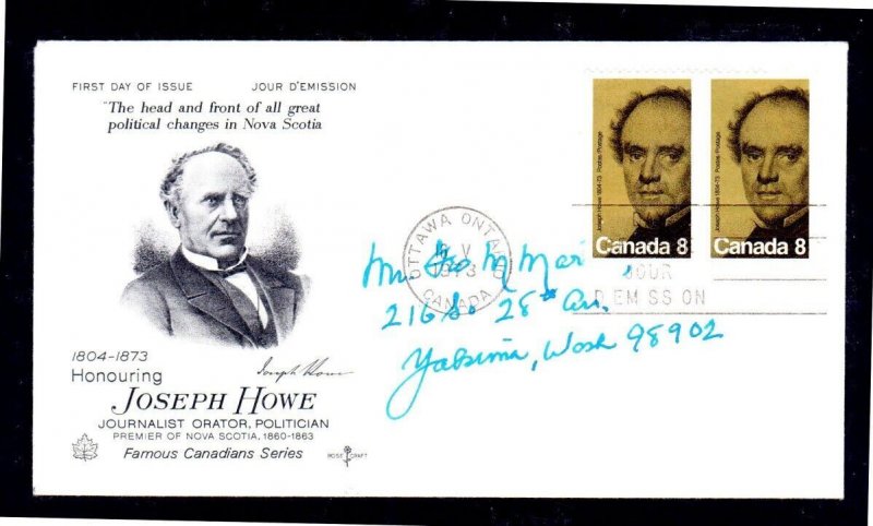 CANADA #616 JOESPH HOWE #6 ENVELOPE FDC 5/16/73 USED b