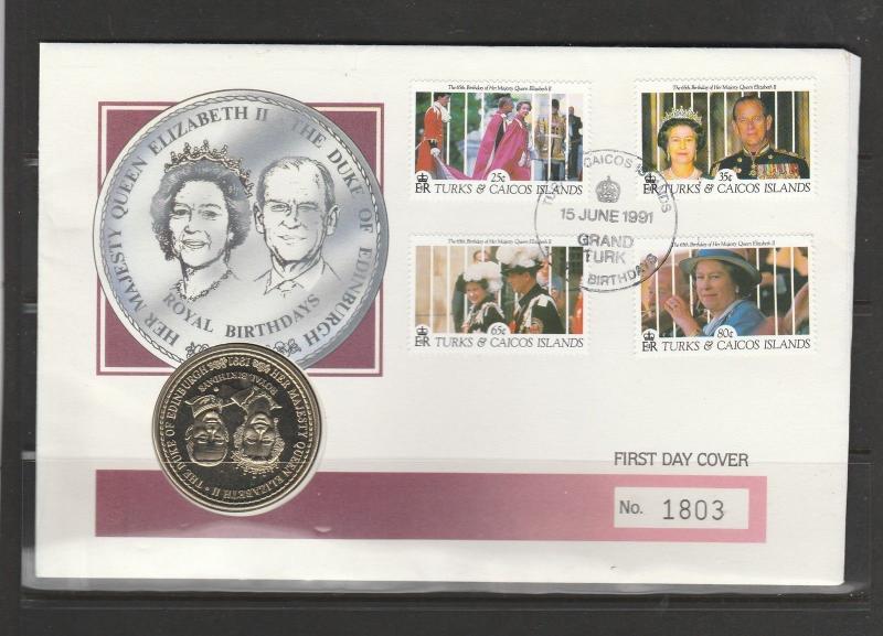 Turk Caicos Coin cover 1991 65th Birthday QE2 wth One Crown coin, Fine