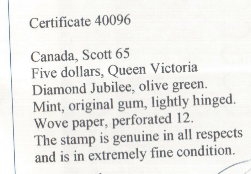 Canada #65 Extra Fine Mint Very Lightly Hinged **With Certificate**