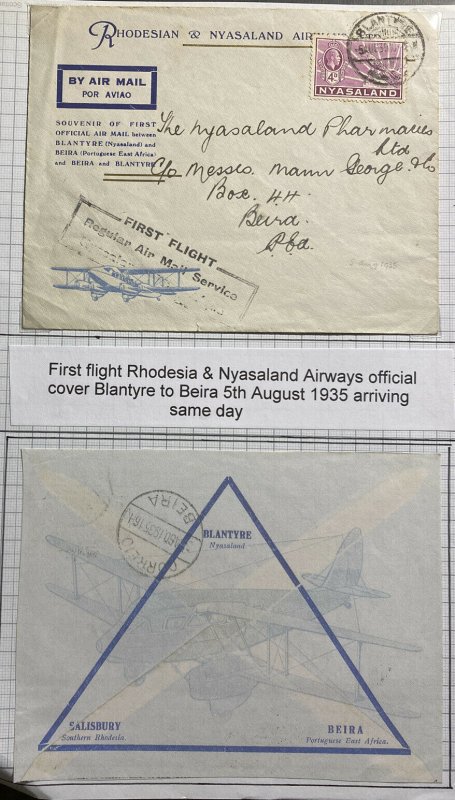 1935 Blantyre Nyasaland First Flight Airmail Cover FFC To Beira Mozambique