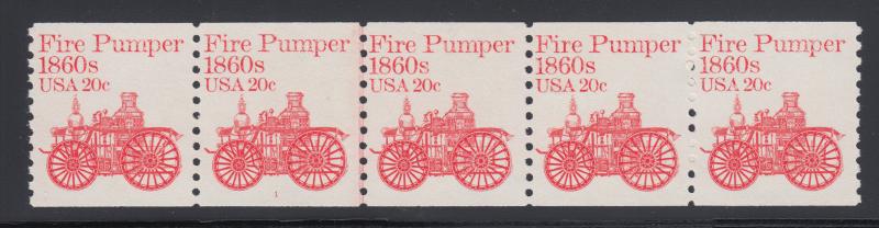 US Sc 1908 MNH. 1982 20c vermilion Fire Pumper, Plate #1 under 2nd, strip of 5