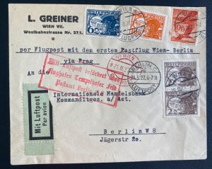 1927 Vienna Austria First Flight Airmail Cover  FFC To Berlin Germany