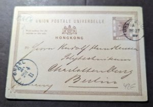 1889 British Hong Kong Postcard Cover to Charlottenburg Berlin Germany