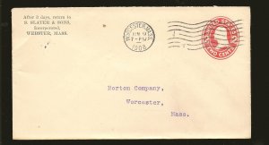 USA SC#U406 PM 1908 Worcester MASS Cover Used