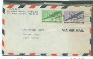 US C27/c29 1945 Diplomatic nail, International rates; Airmail rate cover ex. Norwegian Consulate, opening faults.