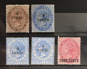 MALAYA Straits Settlements 1898-99 QV 4 cents opt Variety Mint SG#106-109 M4547