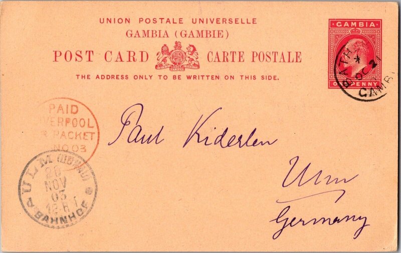 1903 British Territory Gambia West Africa Postcard Cover to Germany